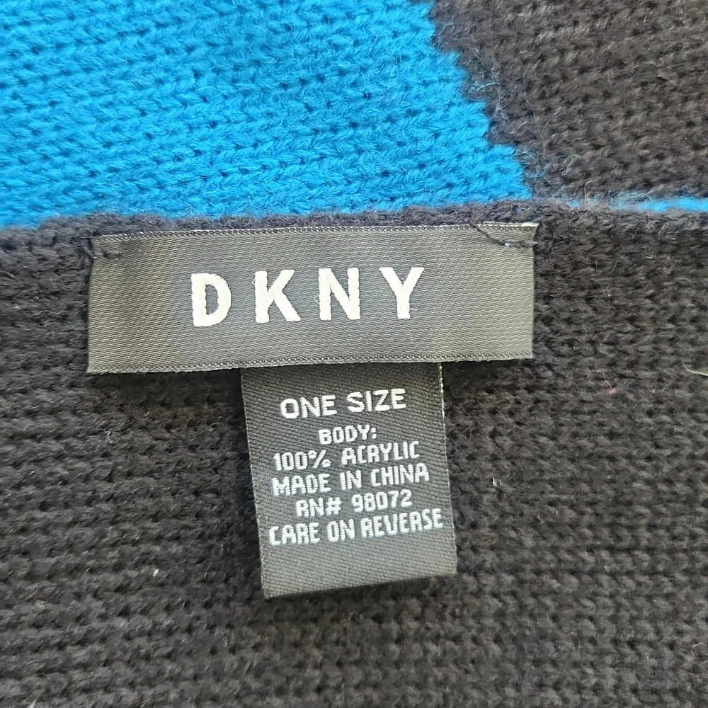 DKNY Womens BOLD Logo Fringe Scarf Wrap Black Blue One Size - Picture 7 of 12